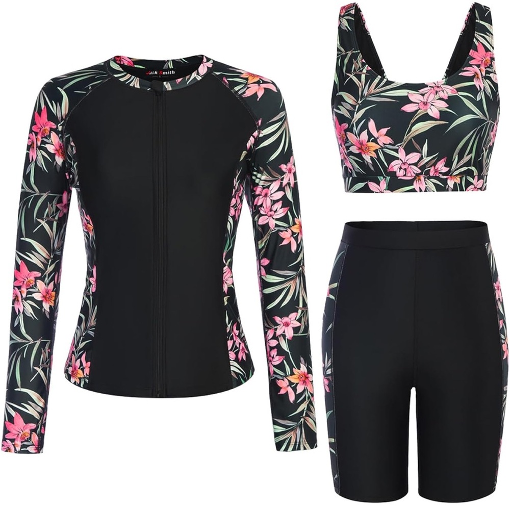 Black Floral Three-Piece Women's Swim Bikini Set